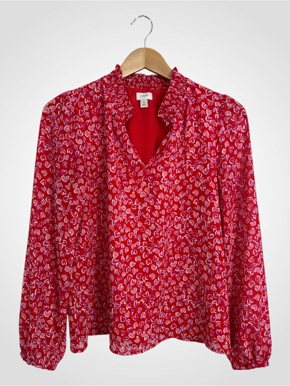 WSH123 {J. Crew} Red Pink Heart Print V-Neck Ruffle Trim Tunic Shirt Blouse